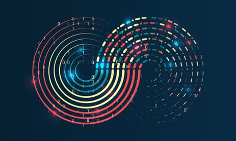Big data visualization. Processing of data arrays, sorting. Filtering machine algorithms. Data stream in the form of an array of circles and binary code. Vector database background.