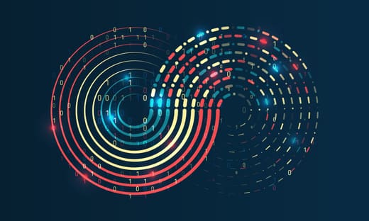Big data visualization. Processing of data arrays, sorting. Filtering machine algorithms. Data stream in the form of an array of circles and binary code. Vector database background.